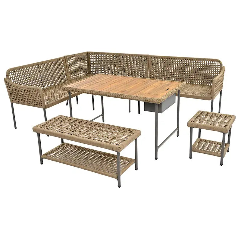 Ensemble de meubles 6 pièces en corde, ensemble de canapés modulaires en forme de L pour l'extérieur, table en bois avec bac à glaçons, chaise longue et banc en corde
