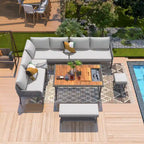 Ensemble de meubles 6 pièces en corde, ensemble de canapés modulaires en forme de L pour l'extérieur, table en bois avec bac à glaçons, chaise longue et banc en corde