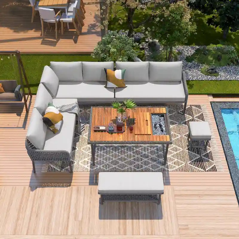 Ensemble de meubles 6 pièces en corde, ensemble de canapés modulaires en forme de L pour l'extérieur, table en bois avec bac à glaçons, chaise longue et banc en corde