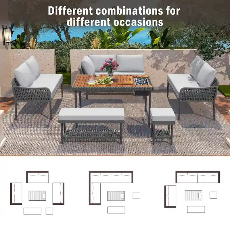 Ensemble de meubles 6 pièces en corde, ensemble de canapés modulaires en forme de L pour l'extérieur, table en bois avec bac à glaçons, chaise longue et banc en corde