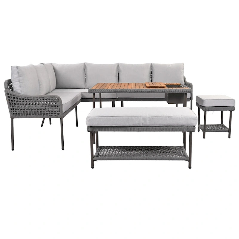 Ensemble de meubles 6 pièces en corde, ensemble de canapés modulaires en forme de L pour l'extérieur, table en bois avec bac à glaçons, chaise longue et banc en corde