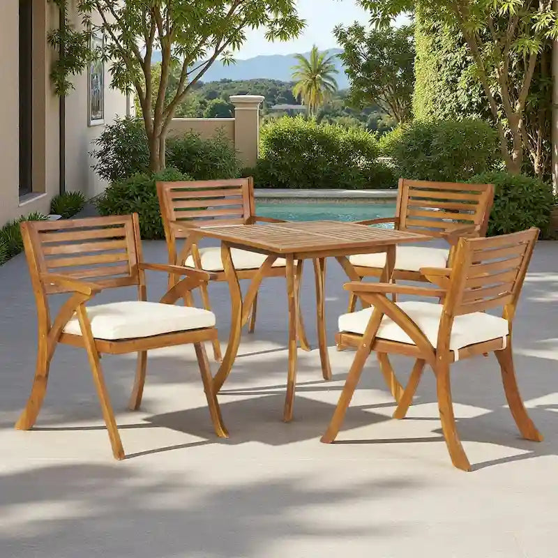 Ensemble de salle à manger d'extérieur 5 pièces en bois d'acacia avec table carrée et 4 chaises coussinées