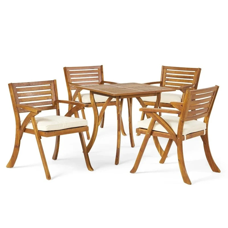 Ensemble de salle à manger d'extérieur 5 pièces en bois d'acacia avec table carrée et 4 chaises coussinées