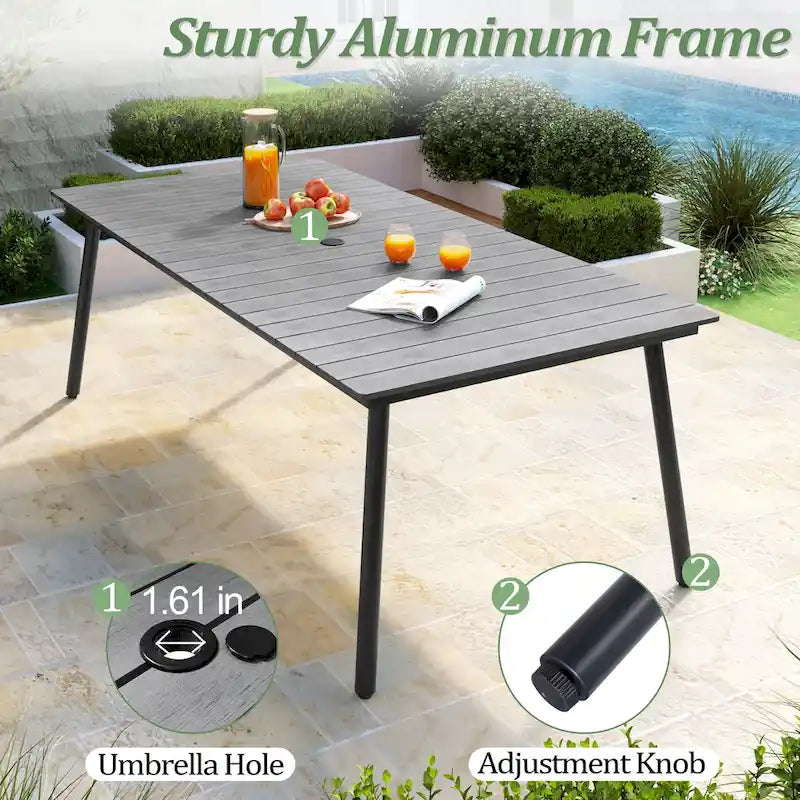 Ensemble de salle à manger d'extérieur 7 pièces – Table rectangulaire en aluminium avec trou pour parasol et chaises en rotin
