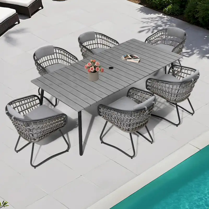 Ensemble de salle à manger d'extérieur 7 pièces – Table rectangulaire en aluminium avec trou pour parasol et chaises en rotin