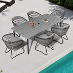 Ensemble de salle à manger d'extérieur 7 pièces – Table rectangulaire en aluminium avec trou pour parasol et chaises en rotin