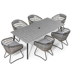 Ensemble de salle à manger d'extérieur 7 pièces – Table rectangulaire en aluminium avec trou pour parasol et chaises en rotin