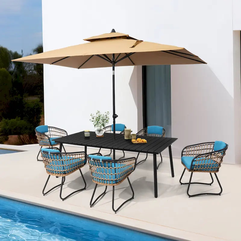 Ensemble de salle à manger d'extérieur 7 pièces – Table rectangulaire en aluminium avec trou pour parasol et chaises en rotin
