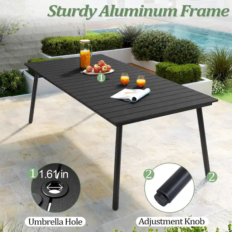 Ensemble de salle à manger d'extérieur 7 pièces – Table rectangulaire en aluminium avec trou pour parasol et chaises en rotin