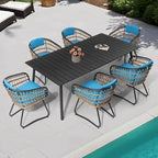 Ensemble de salle à manger d'extérieur 7 pièces – Table rectangulaire en aluminium avec trou pour parasol et chaises en rotin
