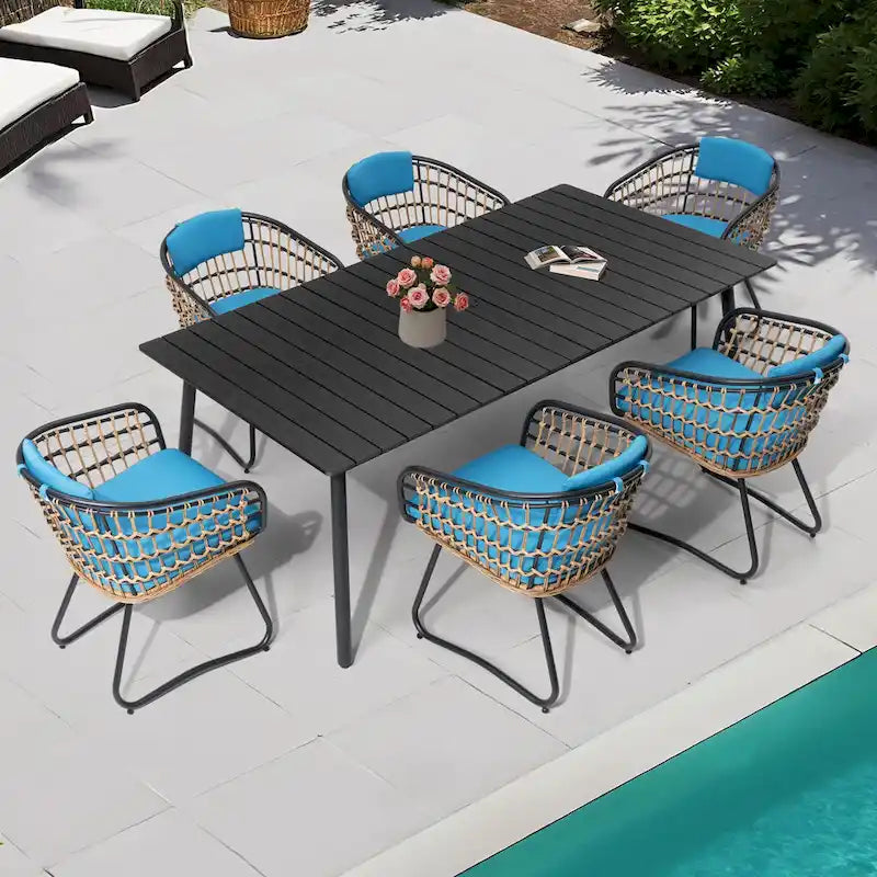 Ensemble de salle à manger d'extérieur 7 pièces – Table rectangulaire en aluminium avec trou pour parasol et chaises en rotin