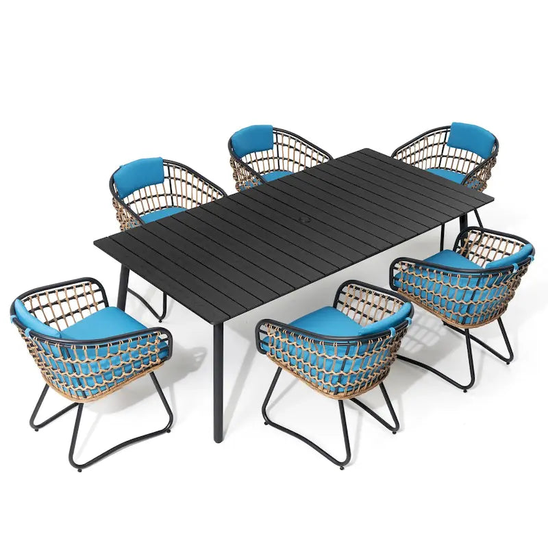 Ensemble de salle à manger d'extérieur 7 pièces – Table rectangulaire en aluminium avec trou pour parasol et chaises en rotin