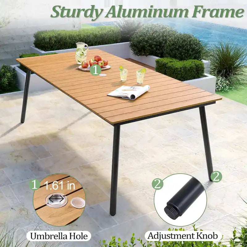 Ensemble de salle à manger d'extérieur 7 pièces – Table rectangulaire en aluminium avec trou pour parasol et chaises en rotin