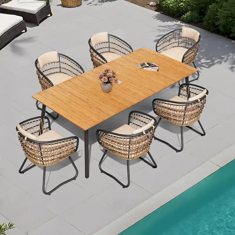 Ensemble de salle à manger d'extérieur 7 pièces – Table rectangulaire en aluminium avec trou pour parasol et chaises en rotin