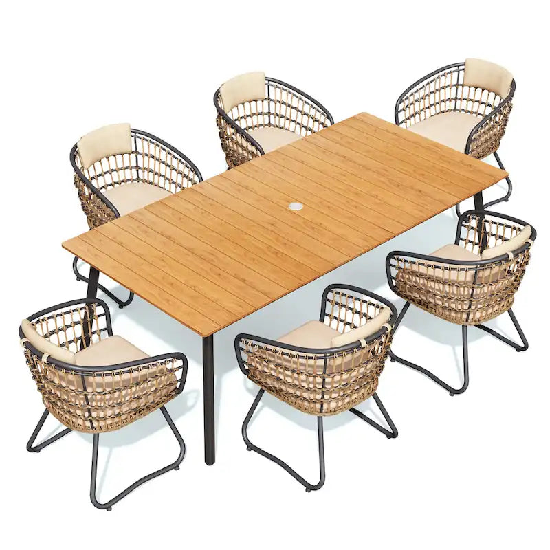 Ensemble de salle à manger d'extérieur 7 pièces – Table rectangulaire en aluminium avec trou pour parasol et chaises en rotin