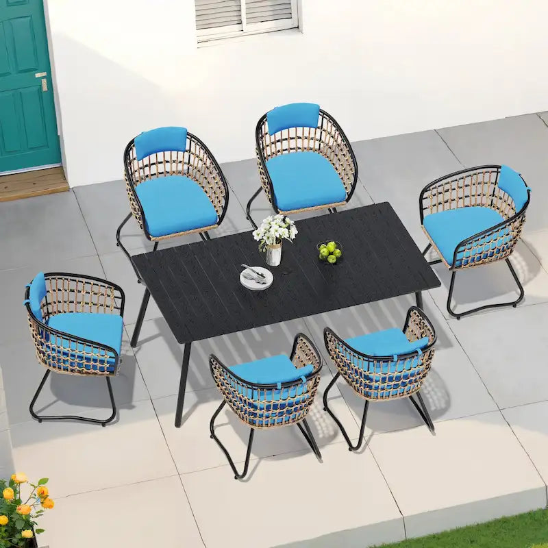 Ensemble de 7 pièces : Table à manger d'extérieur en aluminium et chaises de salle à manger en rotin synthétique