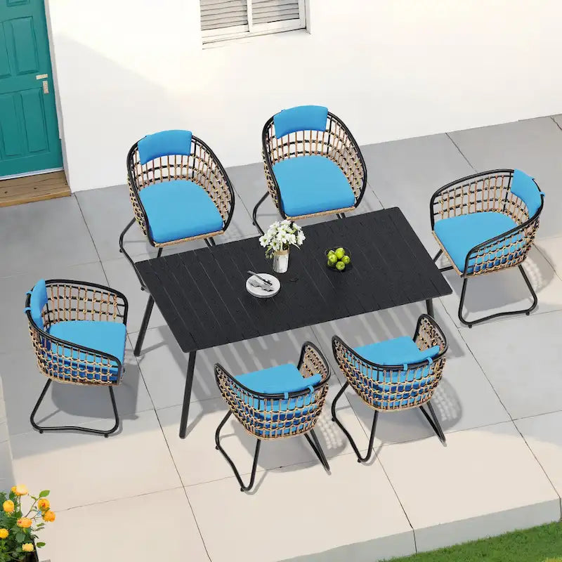 Ensemble de 7 pièces : Table à manger d'extérieur en aluminium et chaises de salle à manger en rotin synthétique