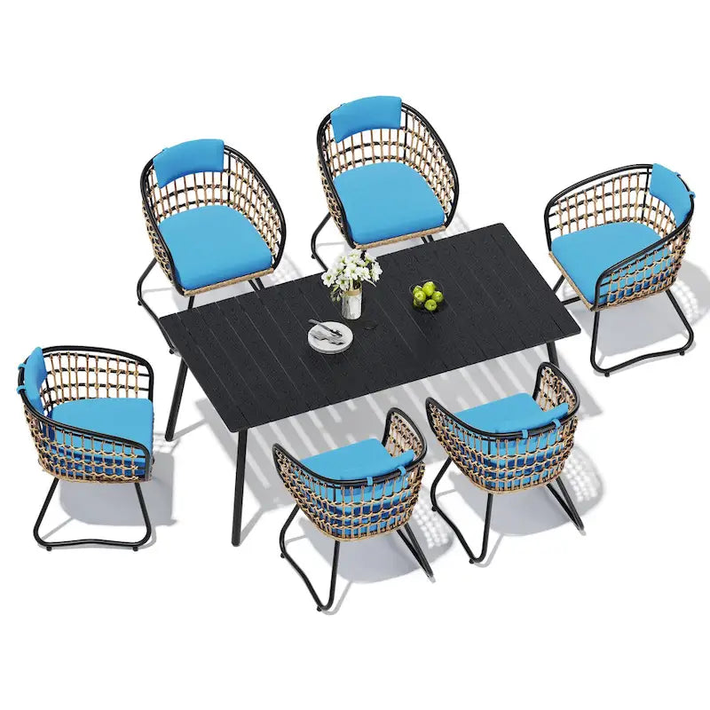 Ensemble de 7 pièces : Table à manger d'extérieur en aluminium et chaises de salle à manger en rotin synthétique