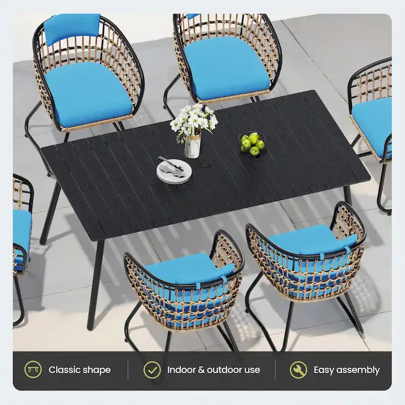 Ensemble de 7 pièces : Table à manger d'extérieur en aluminium et chaises de salle à manger en rotin synthétique