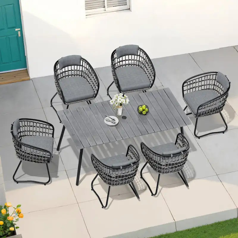Ensemble de 7 pièces : Table à manger d'extérieur en aluminium et chaises de salle à manger en rotin synthétique
