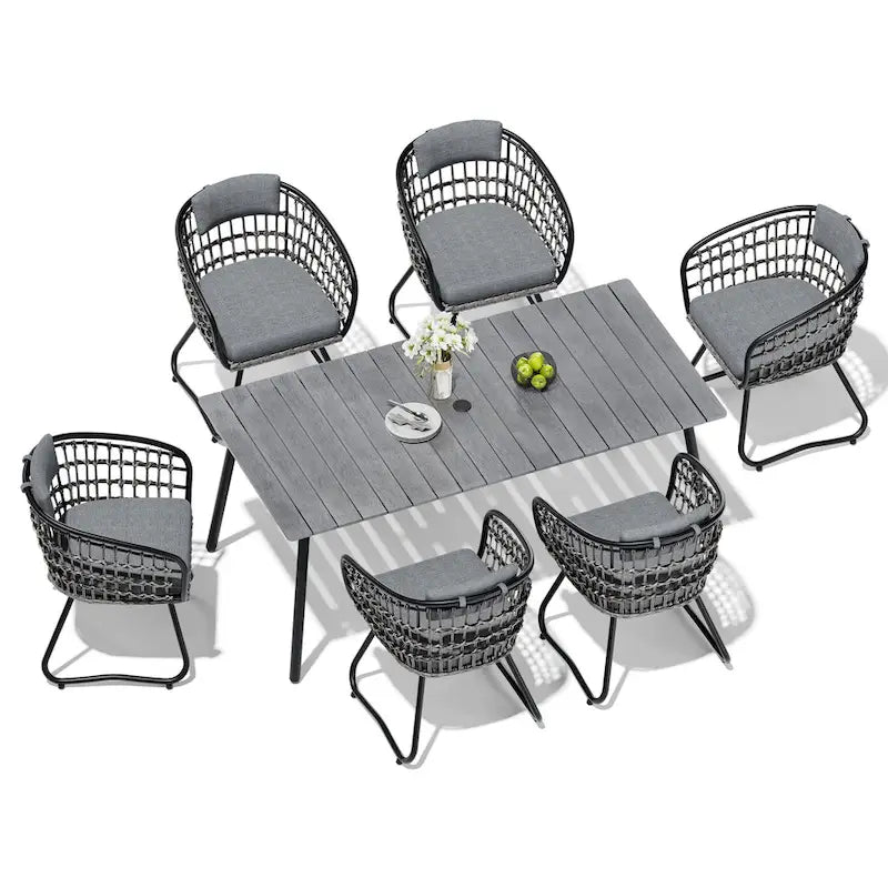 Ensemble de 7 pièces : Table à manger d'extérieur en aluminium et chaises de salle à manger en rotin synthétique