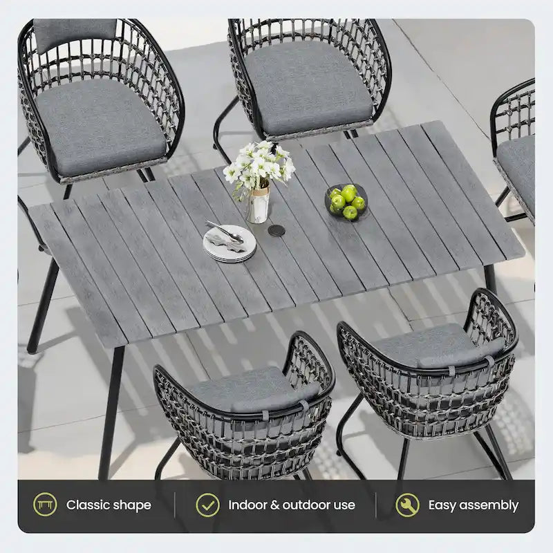 Ensemble de 7 pièces : Table à manger d'extérieur en aluminium et chaises de salle à manger en rotin synthétique