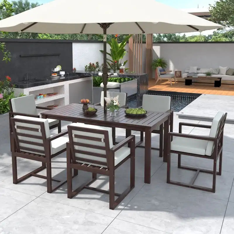 Ensemble de salle à manger de patio 7 pièces avec coussins amovibles et 6 chaises
