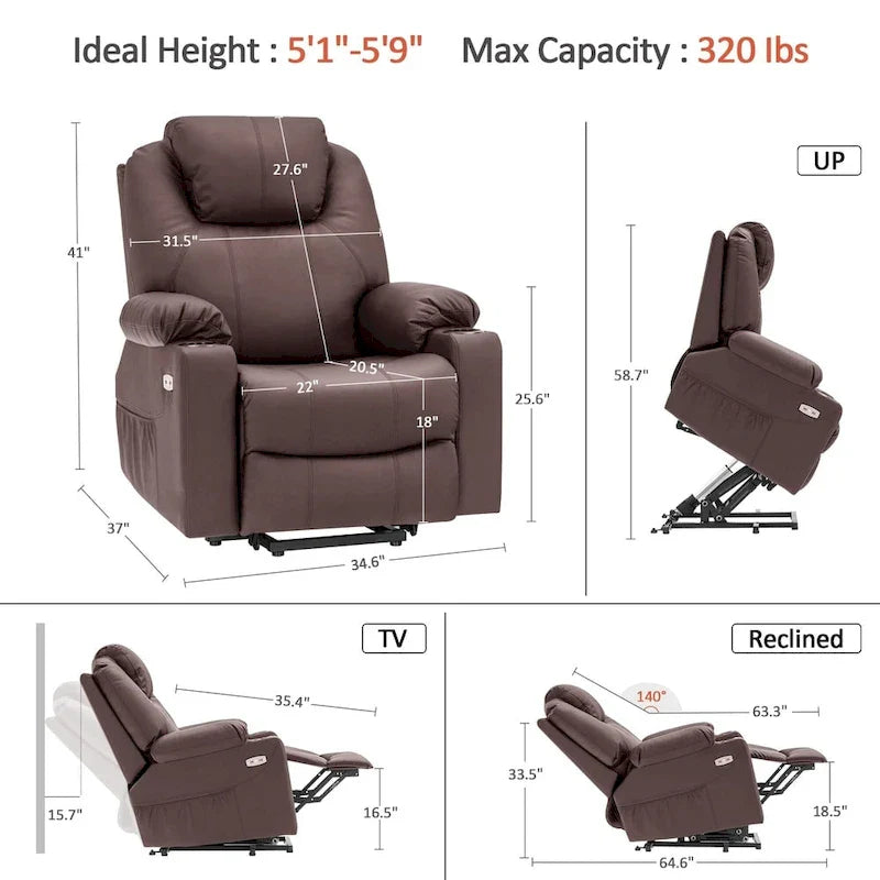 Fauteuil inclinable électrique grand format en cuir MCombo avec massage, chauffage, porte-gobelets, repose-pieds étendu, cuir 7516
