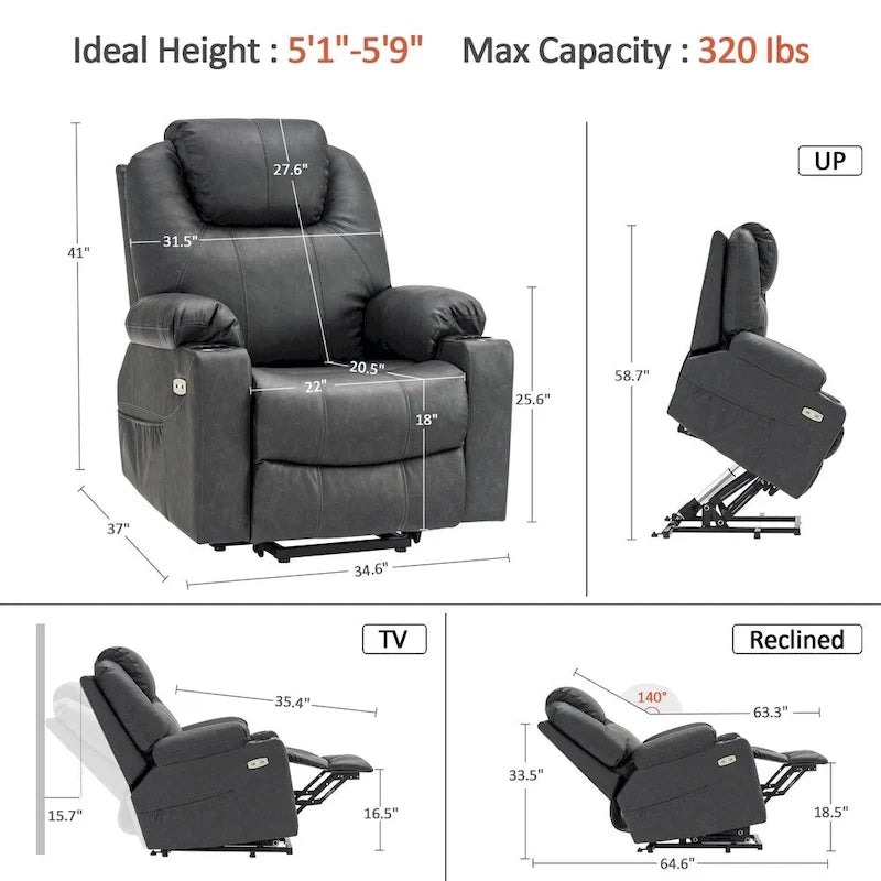 Fauteuil inclinable électrique grand format en cuir MCombo avec massage, chauffage, porte-gobelets, repose-pieds étendu, cuir 7516
