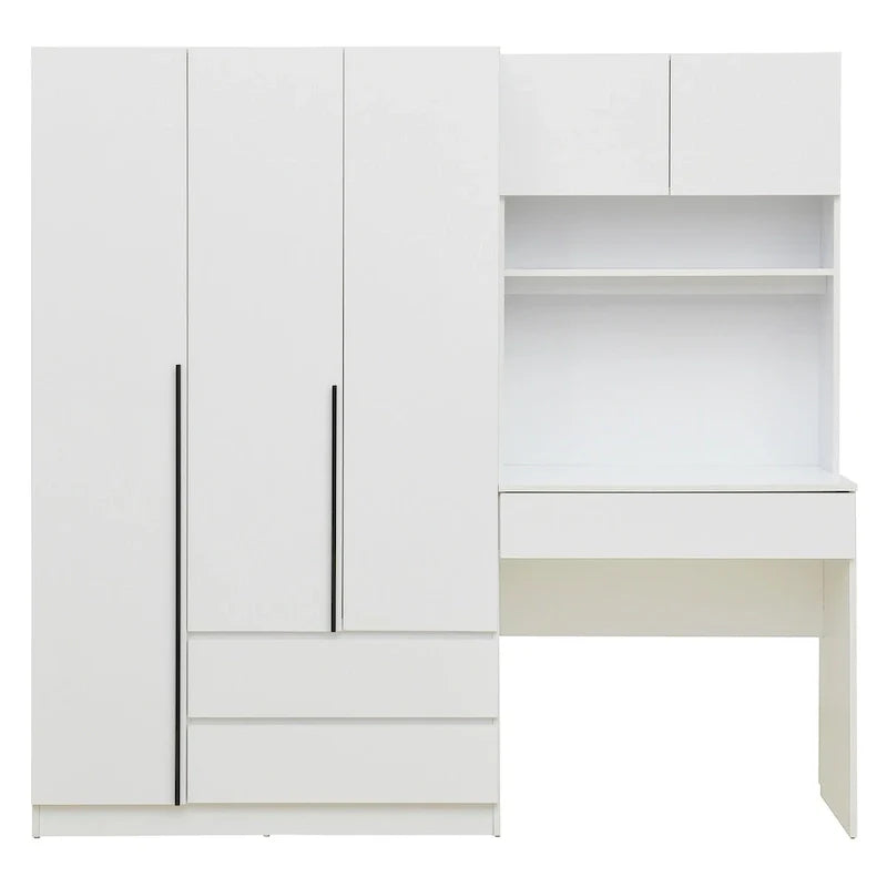 Armoire-penderie 3-en-1 avec coiffeuse, ensemble de bureau, armoire de chambre avec 2 tiroirs, armoire-penderie à 3 portes avec espace de rangement