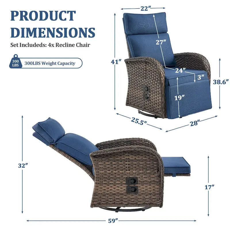 Pocassy 4 chaises longues d'extérieur polyvalentes avec coussin bleu