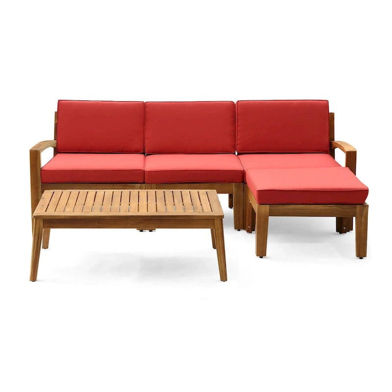 Canapé d'angle en L d'extérieur avec table basse, pouf, bois d'acacia, rouge