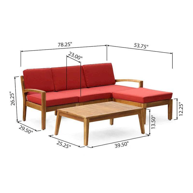 Canapé d'angle en L d'extérieur avec table basse, pouf, bois d'acacia, rouge