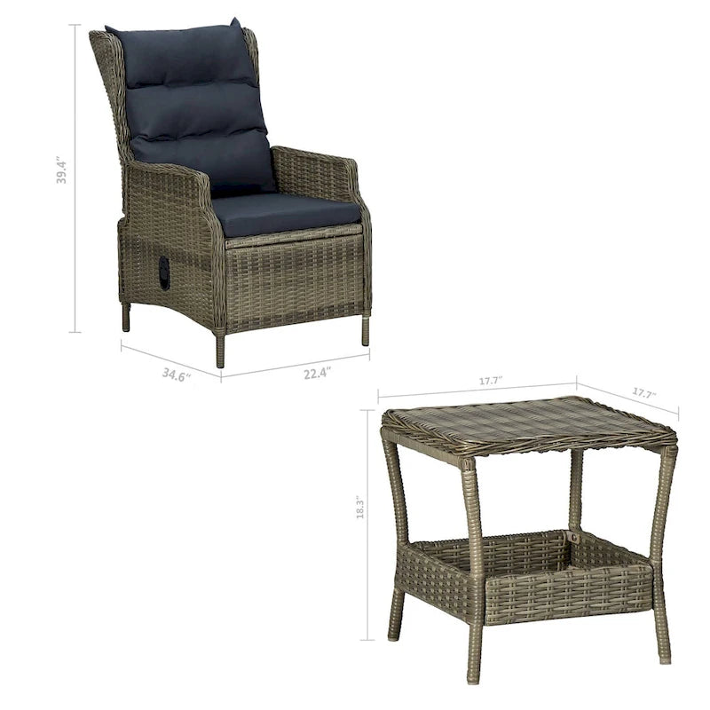 Ensemble de 3 chaises longues d'extérieur avec 1 table d'appoint, Noir, Rotin marron