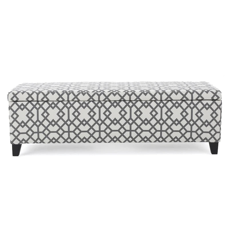 Banc ottoman de rangement Flash, tissu gris clair à motif géométrique, 130 cm