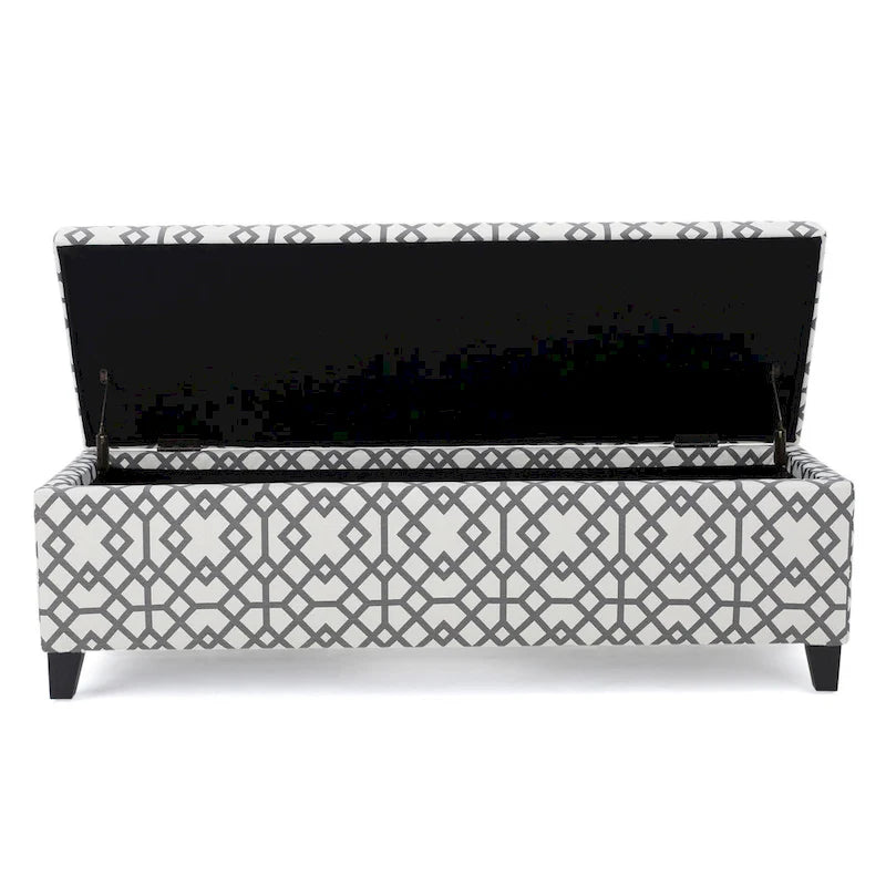 Banc ottoman de rangement Flash, tissu gris clair à motif géométrique, 130 cm