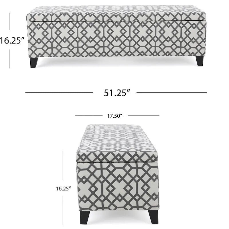 Banc ottoman de rangement Flash, tissu gris clair à motif géométrique, 130 cm