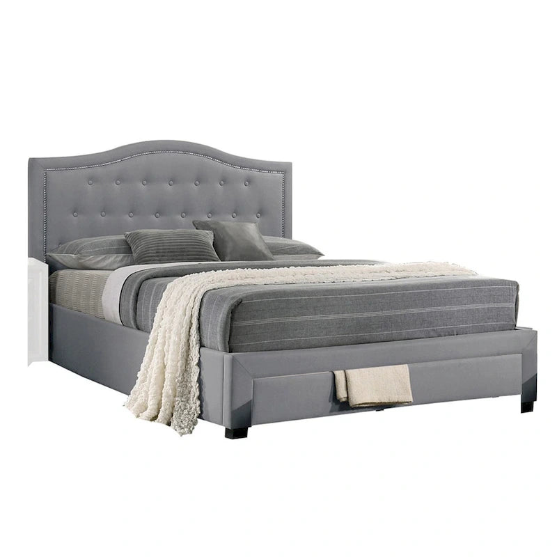 Lit double Sey California avec tiroir de rangement, tissu en toile de jute gris clair