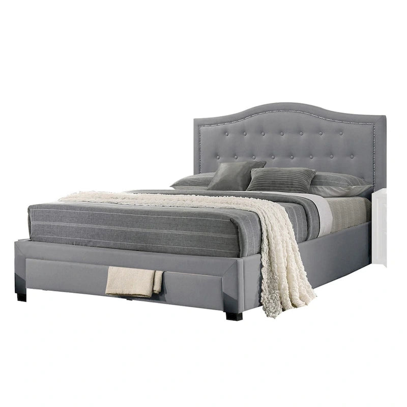Lit double Sey California avec tiroir de rangement, tissu en toile de jute gris clair