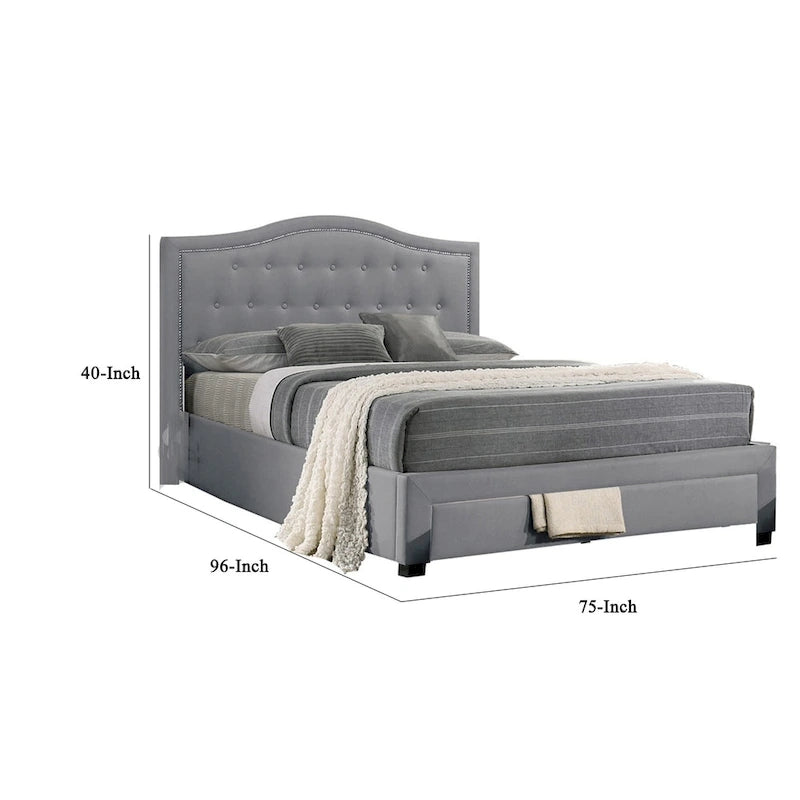 Lit double Sey California avec tiroir de rangement, tissu en toile de jute gris clair