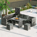Ensemble de mobilier d'extérieur 6 pièces, ensemble de conversation de patio toutes saisons, ensemble de canapés en rotin avec coffre de rangement et table en verre trempé
