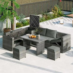 Ensemble de mobilier d'extérieur 6 pièces, ensemble de conversation de patio toutes saisons, ensemble de canapés en rotin avec coffre de rangement et table en verre trempé