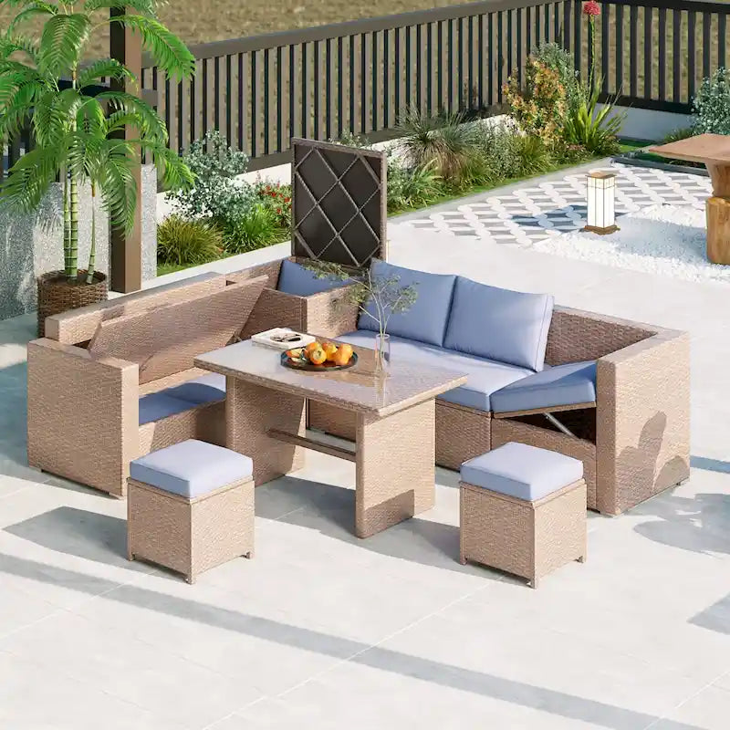 Ensemble de mobilier d'extérieur 6 pièces, ensemble de conversation de patio toutes saisons, ensemble de canapés en rotin avec coffre de rangement et table en verre trempé