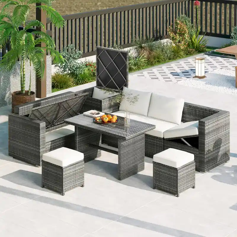 Ensemble de mobilier d'extérieur 6 pièces, ensemble de conversation de patio toutes saisons, ensemble de canapés en rotin avec coffre de rangement et table en verre trempé