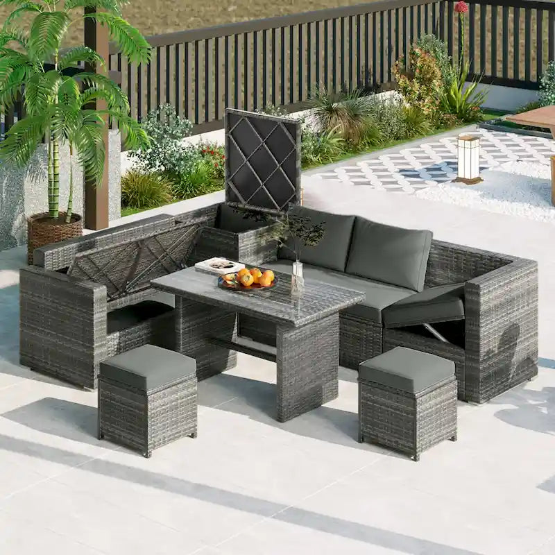 Ensemble de mobilier d'extérieur 6 pièces, ensemble de conversation de patio toutes saisons, ensemble de canapés en rotin avec coffre de rangement et table en verre trempé