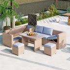 Ensemble de mobilier d'extérieur 6 pièces, ensemble de conversation de patio toutes saisons, ensemble de canapés en rotin avec coffre de rangement et table en verre trempé