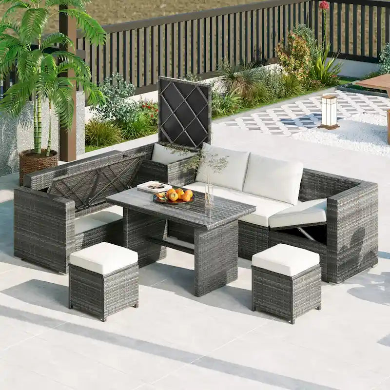 Ensemble de mobilier d'extérieur 6 pièces, ensemble de conversation de patio toutes saisons, ensemble de canapés en rotin avec coffre de rangement et table en verre trempé