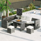 Ensemble de mobilier d'extérieur 6 pièces, ensemble de conversation de patio toutes saisons, ensemble de canapés en rotin avec coffre de rangement et table en verre trempé