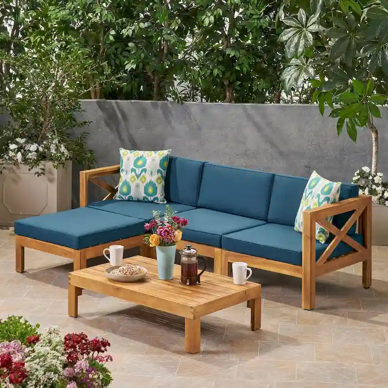 Ensemble de conversation d'extérieur 3 pièces en forme de L, ensemble de mobilier tout temps en bois d'acacia avec pouf et table basse