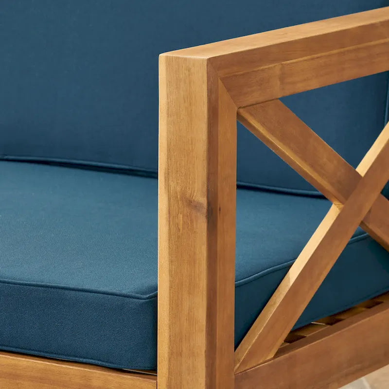 Ensemble de conversation d'extérieur 3 pièces en forme de L, ensemble de mobilier tout temps en bois d'acacia avec pouf et table basse